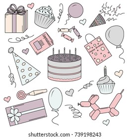 A set of color elements for a birthday. White background.