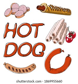 A set of color  elements. Varieties of sausages and dishes. Sausages gril,sousages isolated, Sausages sandwich. Vector. EPS. Print for printing. Culinary poster.
