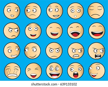 set of color emotion faces on blue background
