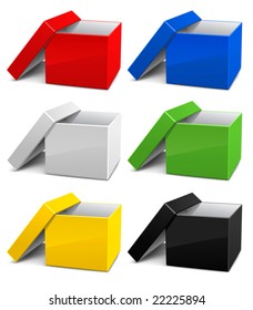 set of color empty opened cardboard boxes vector illustration