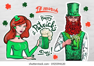 Set of color engravings card of St. Patrick's Day. Postcard with characters leprechaun and Irish woman drinking beer. A traditional holiday in Ireland. 17 Matra.