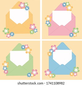 A set of color envelopes with an empty white sheet for inserting your own text. Suitable for making delivery, invitations, and postcards