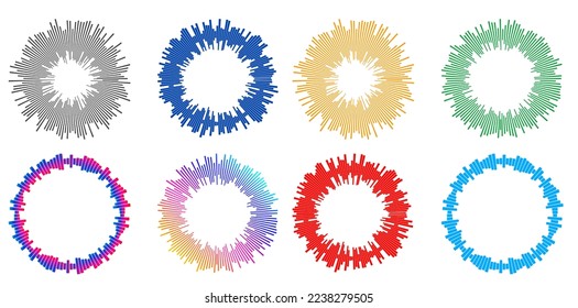 Establecer el ecualizador de color aislado en el fondo blanco. Ilustración vectorial. Reproductor musical de pulso. Logo de la onda de audio. Elemento de diseño del vector Modelo de visualización de la onda de sonido del afiche Señal de visualización de la ilusión Pasos 10