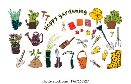 Set of color equipment for gardening in doodle style. Garden elements: boots, hat, flower pots, seeds, spade, watering can, flowers, garden gloves, flowerpots, grass and leaves. Spring time vector
