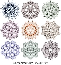 Set of color ethnic ornamental floral patterns. Hand drawn mandalas.Orient traditional background. Lace circular ornaments. Ethnic, Indian, Islamic, Asian, ottoman, Arabic  motif. Vector illustration.