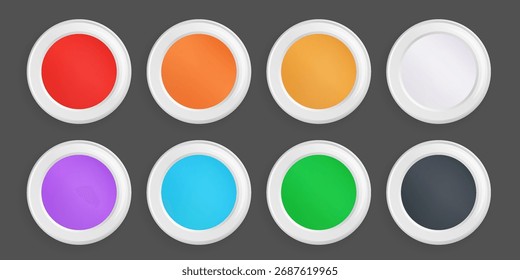 Conjunto de exemplos de cores, testadores de cores vetoriais e botões com gradientes coloridos básicos. Elementos gráficos vetoriais abstratos.