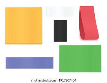 Set of color fabric clothing labels and tags templates, realistic vector illustration isolated on white background. Textile clothing labels and ribbons of various shapes.