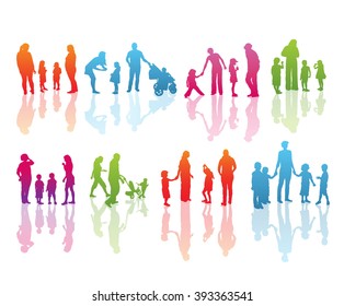 Set of Color Family Silhouettes: Men's, Women's and Children isolated on white.