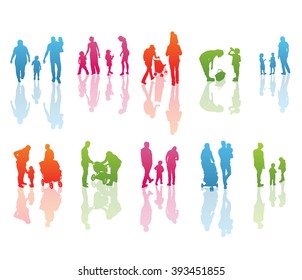 Set of Color Family Silhouettes: Men's, Women's and Children isolated on white. Vector.