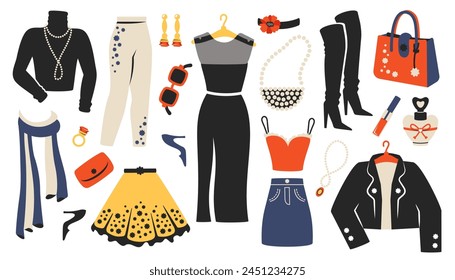 Set of color fashion woman outfits isolated. Stylish casual clothes, shoes, accessory. Trendy boots, dress, trousers, blouse, jacket, perfume. Hand drawn design in sketch style. Vector illustration