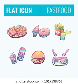 Set of color fast food sketched icons. Collection of hand drawn stickers with street food meal. Design elements for logo, menu, ads, promo poster or banner.