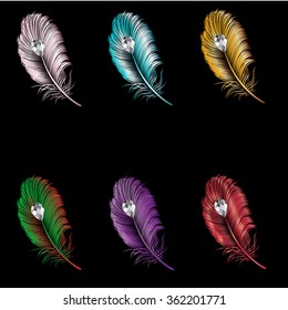 Set of color feathers with a stone. Vector illustration.