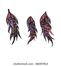 set of color feathers style zentangle and Doodle hand drawn can be used on banners, flyers, tattoo, print on t-shirts and textiles
