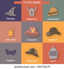 Set of color fiction genre icons. Features fantasy, historical, romantic fiction, adventure, detective story, fairy tale, western, mystery and science fiction. 