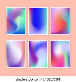 Set of color field vector paintings. Vibrant holographic pastel swirls and gradient of colors: pink, blue, violet, purple, green. 
