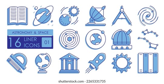 Set von mit Farbe gefüllten linearen Symbolen. Wissenschaftsastronomie und Weltraumforschung. Rakete für Flüge zum Mond, Spiralgalaxie, Sternwarte und Radioteleskop