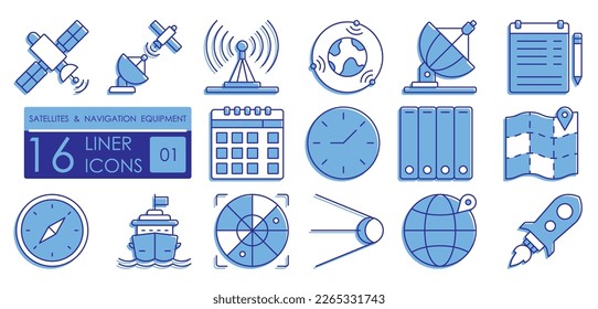 Set von mit Farbe gefüllten linearen Symbolen. Navigationsausrüstung, Satellitenkommunikation, GPS-Ortungstechnologien. Satelliten, drahtlose Technologien, Navigation