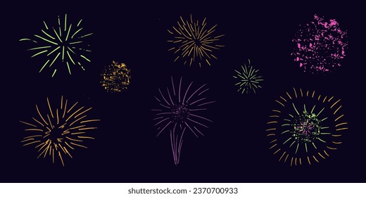Establece el fondo oscuro de los fuegos artificiales de color. Tema festivo. Diseño de banners, volantes, tarjetas de felicitación. Fiesta, Navidad, cumpleaños. Ilustración vectorial...