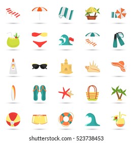 Set of color flat beach rest and travel icons for web and mobile design