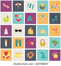 Set of color flat beach rest and travel icons for web and mobile design