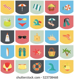 Set of color flat beach rest and travel icons for web and mobile design