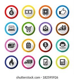 Set color flat buttons, symbols with shadow. Vector illustration 10eps