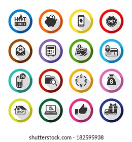 Set color flat buttons, symbols with shadow. Vector illustration 10eps