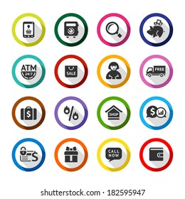 Set color flat buttons, symbols with shadow. Vector illustration 10eps