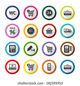 Set color flat buttons, symbols with shadow. Vector illustration 10eps