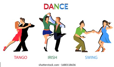 Set of color flat design, pairs of Irish dancers, swing dancers, tango dancers. Figures of dancing people isolated on a white background .