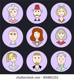 Set of color flat family icons in round frame