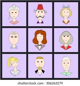 Set of color flat family icons in square frame