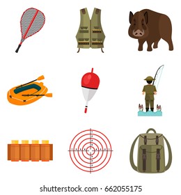 Set of color flat hunting and fishing icons set for web and mobile design