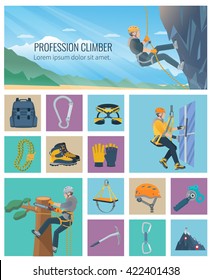 Set of color flat icons about industrial profession climber and climbing equipment vector illustration