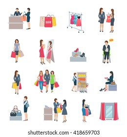 Set of color flat icons depicting woman shopping selection clothes shoes bag in store vector illustration