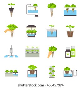 Set of color flat icons depicting elements of hydroponic system vector illustration
