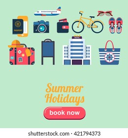 set of color flat icons for summer holidays