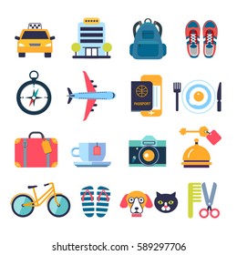 set of color flat icons for summer travel