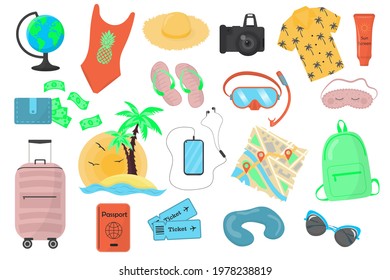 Set of color flat icons for travel, isolated on white background. Time to travel, summer vacation, beach rest. Flat cartoon colorful vector illustration. Travel concept. 