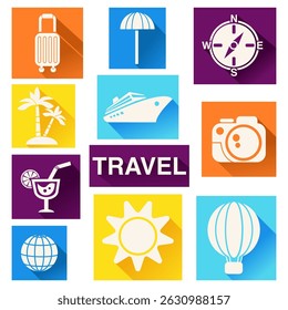 set of color flat icons travel tourism recreation