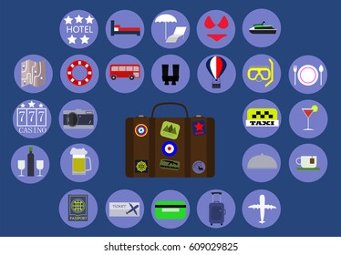 Set of color flat icons for travel. Old suitcase with stickers