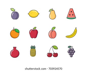 Set of color flat line fruits icons with apple, pineapple, cherry, grape, pomegranate, orange, banana, watermelon, lemon, pear, peach, plum.