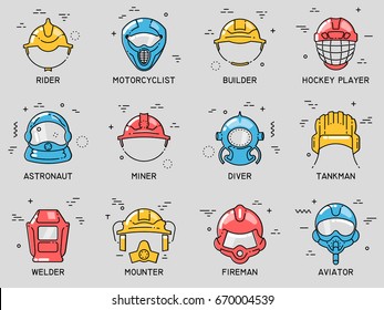 Set of color flat line vector icons of professional head wear for professions: tank crew, aviator, astronaut, fireman, diver, miner, builder, hockey player, motorcyclist, rider,  welder, mounter