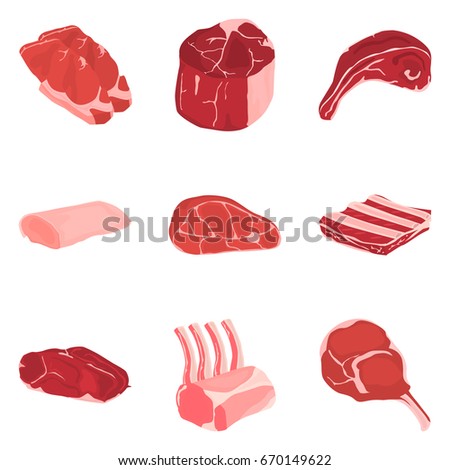 Set of color flat meat products icons set for web and mobile design