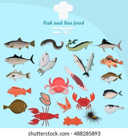 Set of color flat sea food and fish color icons. Flat design