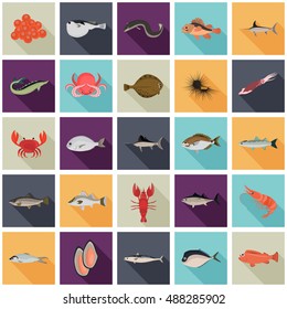 Set of color flat sea food and fish color icons. Flat design