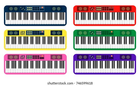 Set of color flat style vector piano roll analog synthesizer faders buttons knobs display on white background EPS