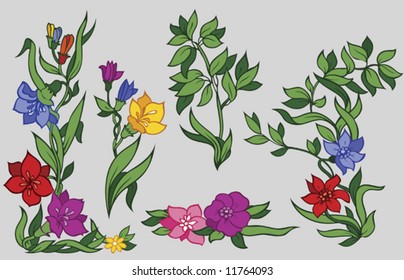 Set of color flowers and leaves