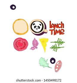 Set of color food drawings, for advertising restaurant, pizzeria, vector image