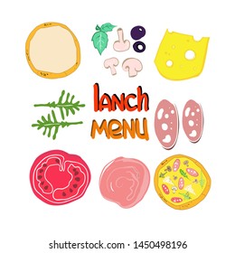 Set of color food drawings, for advertising restaurant, pizzeria, vector image